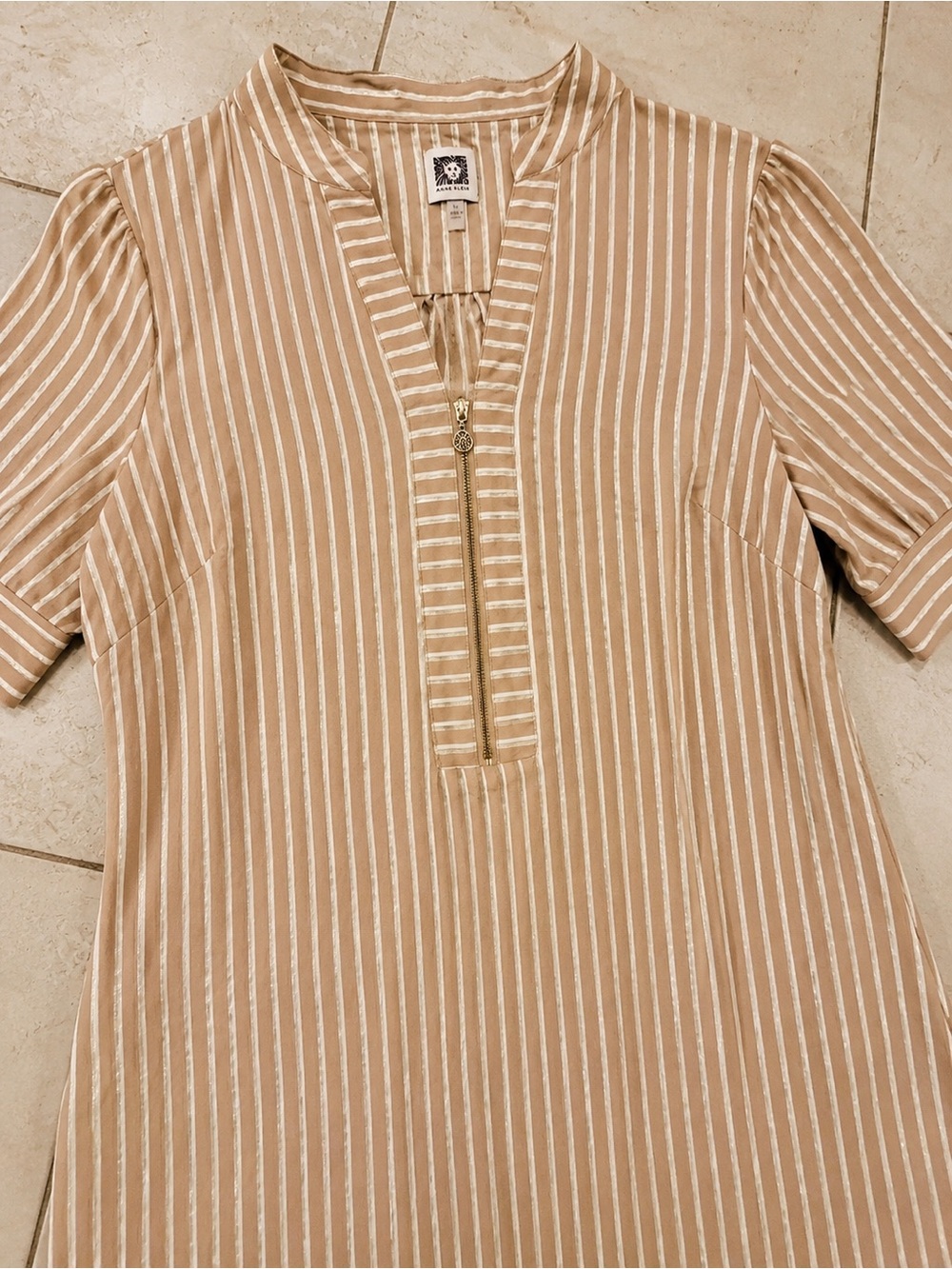 NEW Anne Klein Gold Tan White Striped Shift Mini Dress |Sz 14 | Luxe & Zip Front - Picture 7 of 11